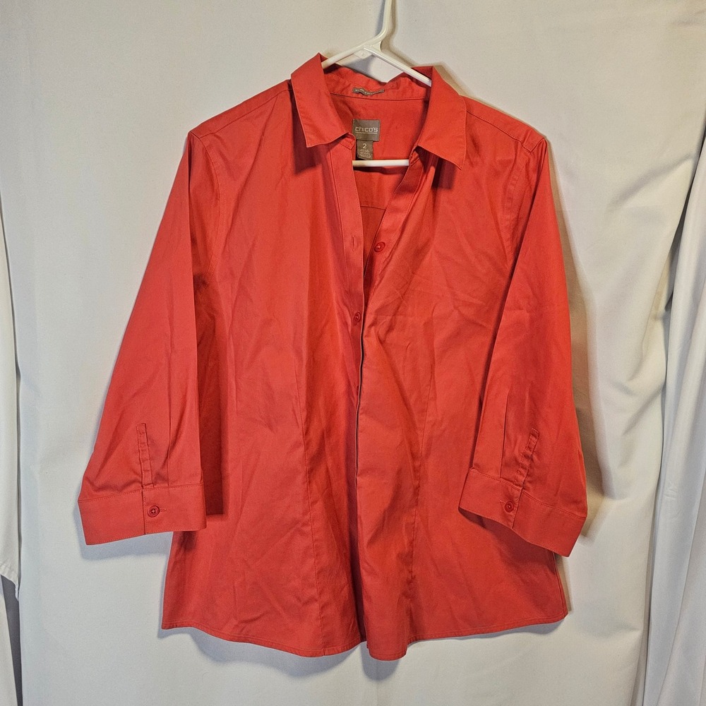 Chicos Wrinkle Resistant Button Down Shirt 2 L Orange Red 3/4 Sleeve Cotton Top